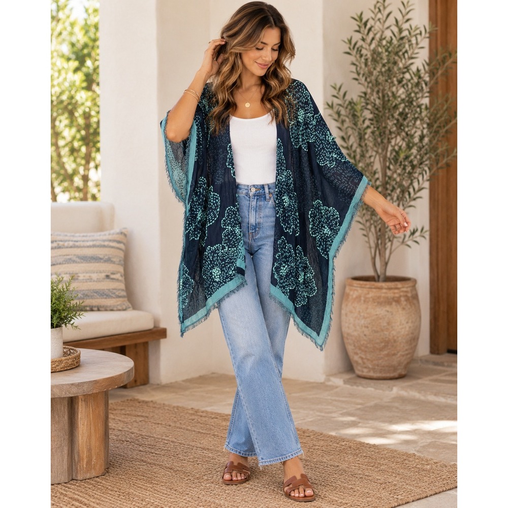 J. Jill Wearever Navy Teal Floral Embroidered Kimono Wrap Size S-L Fringe Hem